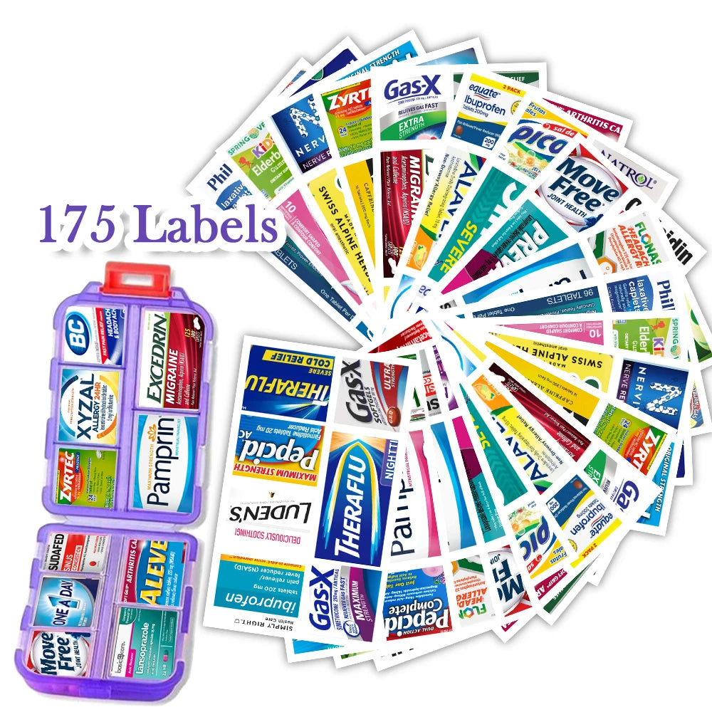 10-Grid Portable Pill Organizer with 175 Identification Labels – Compact Travel Medicine Case for Daily Use