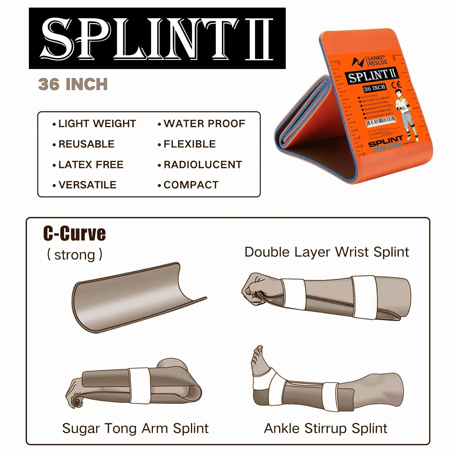 SANKE RESCUE Universal First Aid Splint – Flexible Waterproof Emergency Limb & Wrist Support