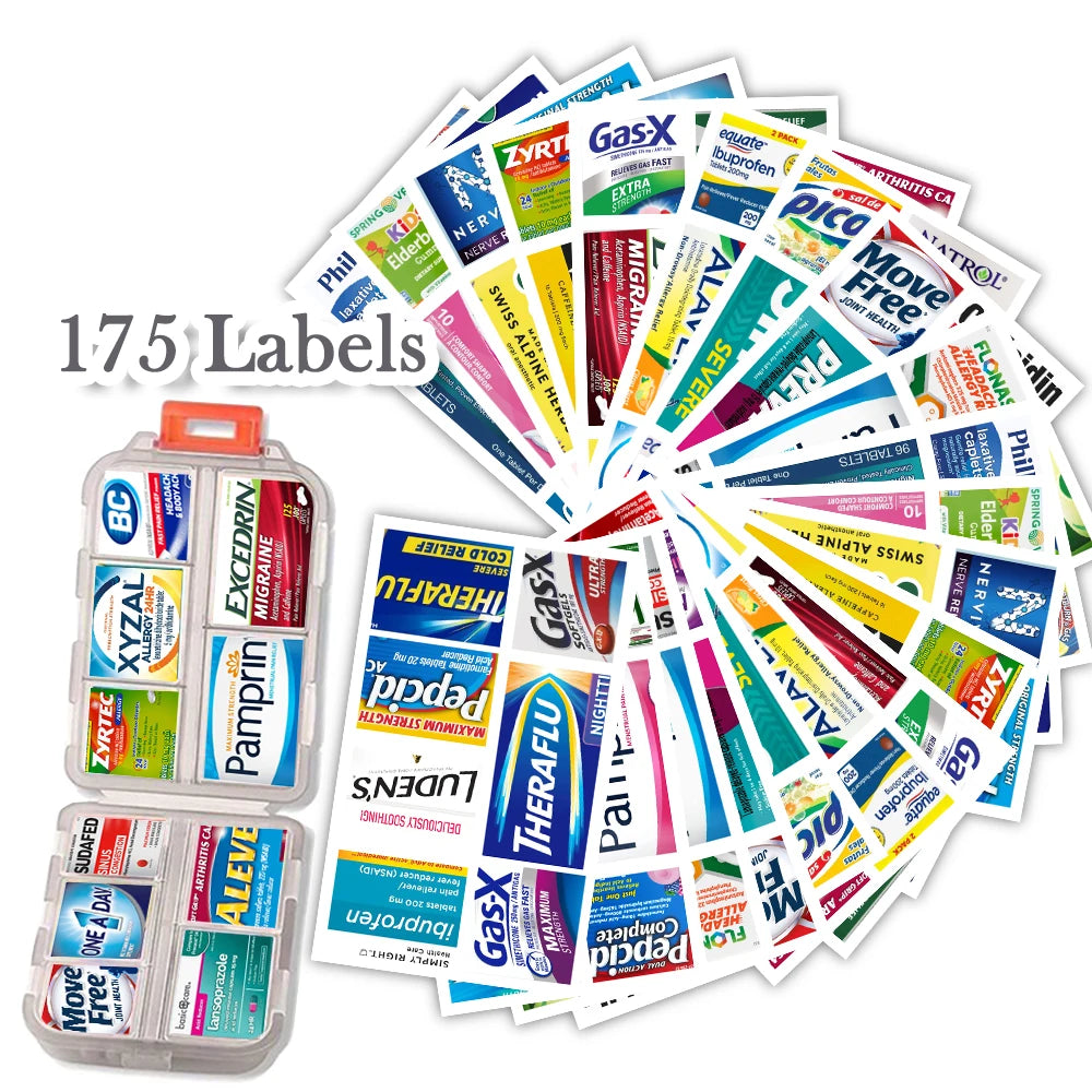 10-Grid Portable Pill Organizer with 175 Identification Labels – Compact Travel Medicine Case for Daily Use
