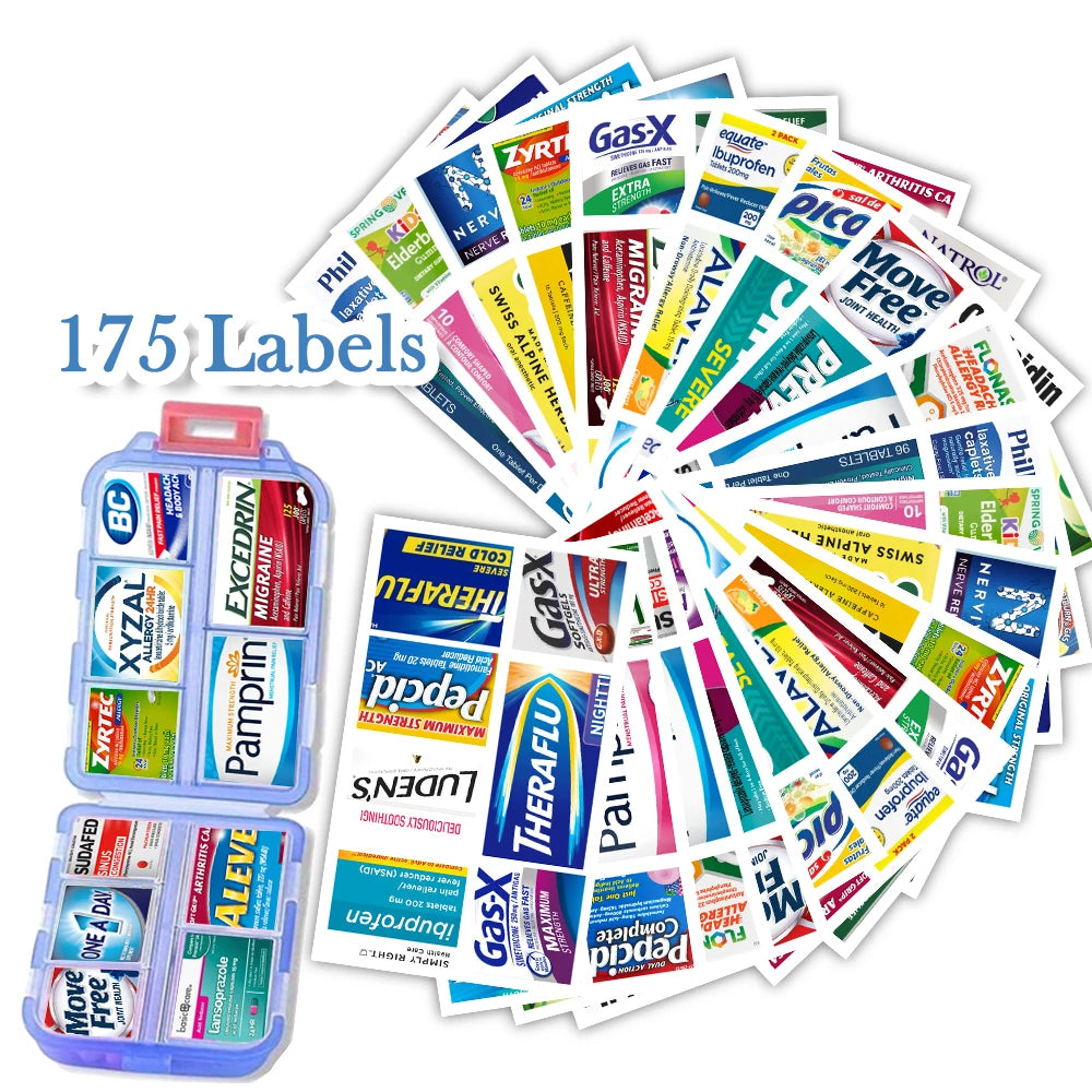 10-Grid Portable Pill Organizer with 175 Identification Labels – Compact Travel Medicine Case for Daily Use