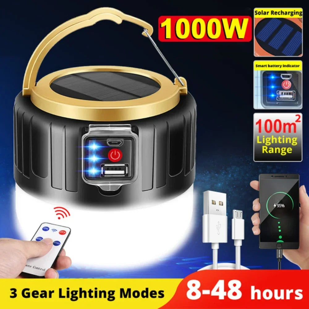 1000W Solar LED Camping Lantern – USB Rechargeable, 3 Light Modes, Portable Emergency Power Bank