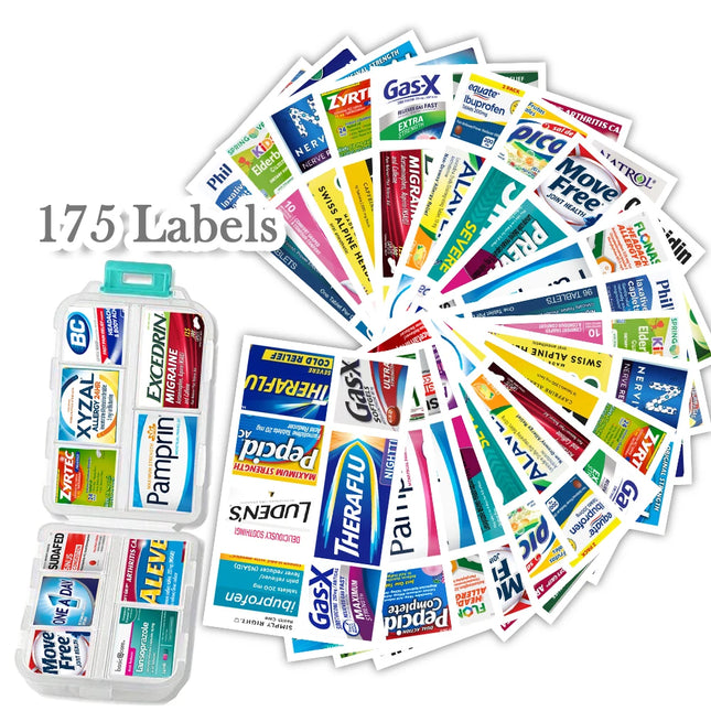 10-Grid Portable Pill Organizer with 175 Identification Labels – Compact Travel Medicine Case for Daily Use