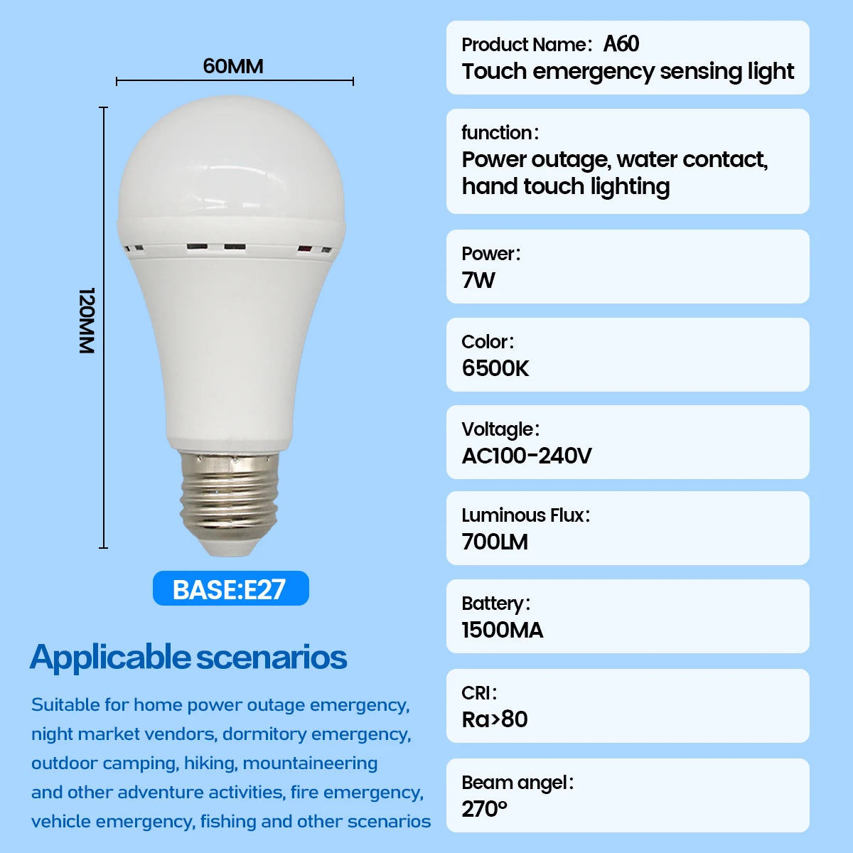 Rechargeable E27 LED Emergency Bulb – 7W 1500mAh for Power Outages, Camping, and Outdoor Use