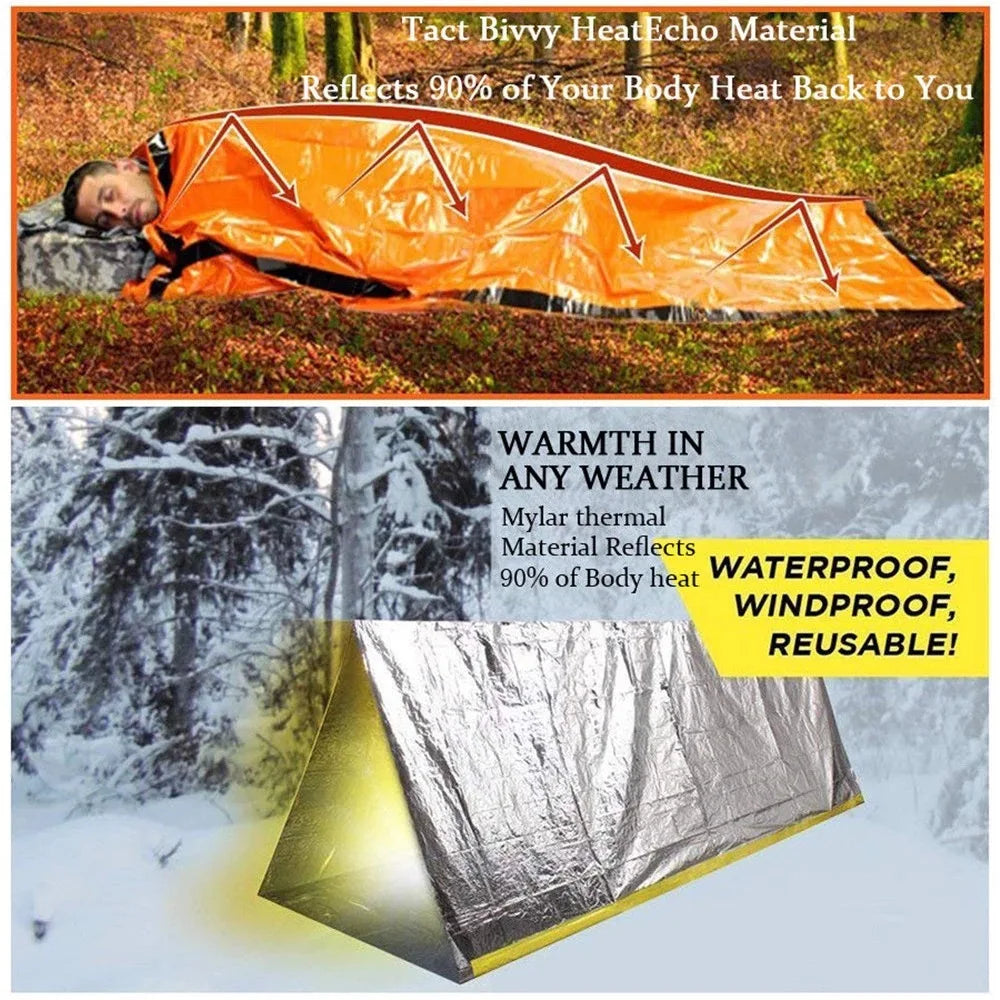 Ultra-Lightweight Emergency Survival Sleeping Bag – Waterproof Thermal Mylar Bivy Sack with Whistle & Carry Bag