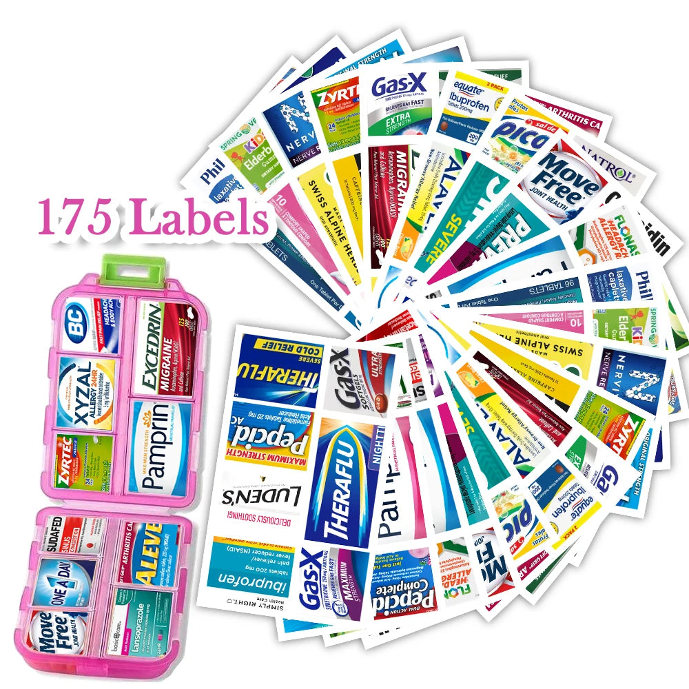10-Grid Portable Pill Organizer with 175 Identification Labels – Compact Travel Medicine Case for Daily Use